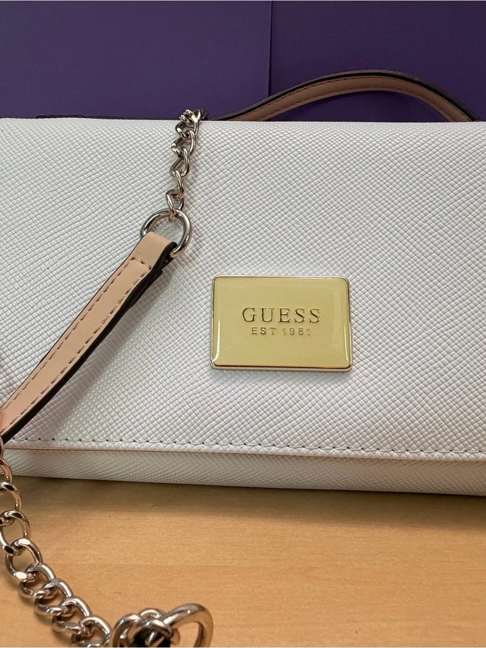 GUESS White Crossbody with Gold Logo Plaque and Chain Strap